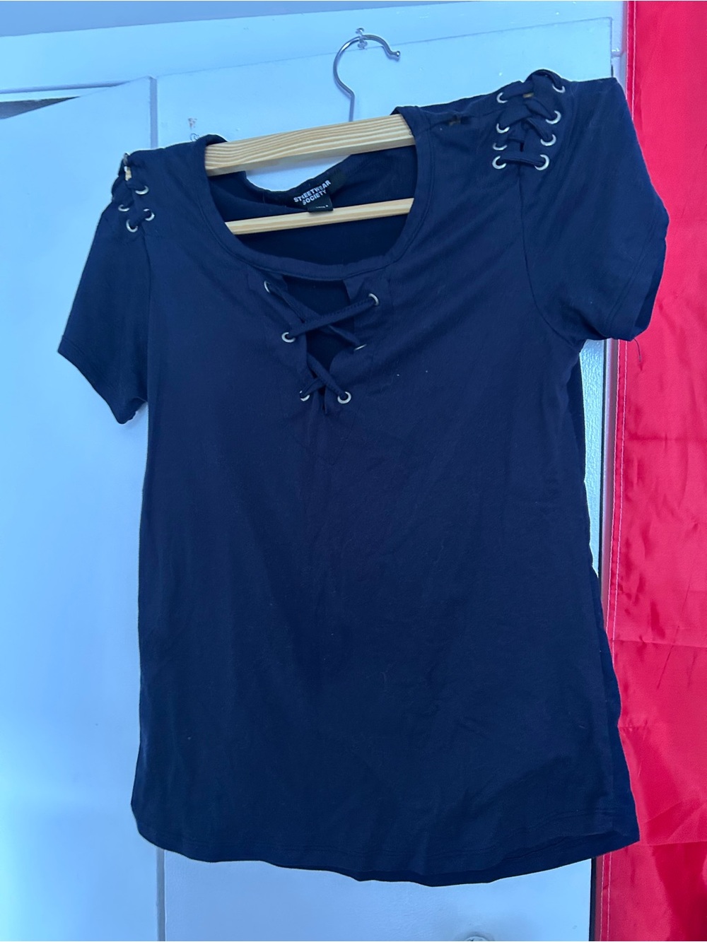 navy blue laced up shirt